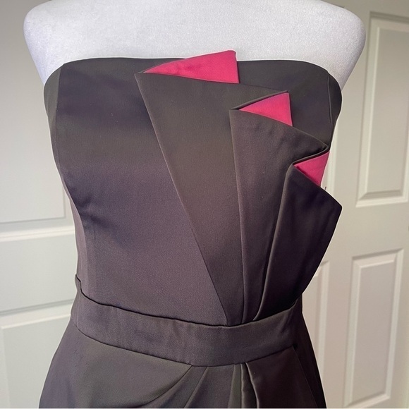 WHBM Satin Strapless Cocktail Dress Faux Wrap Front Black with Pink Pleating - Picture 3 of 16